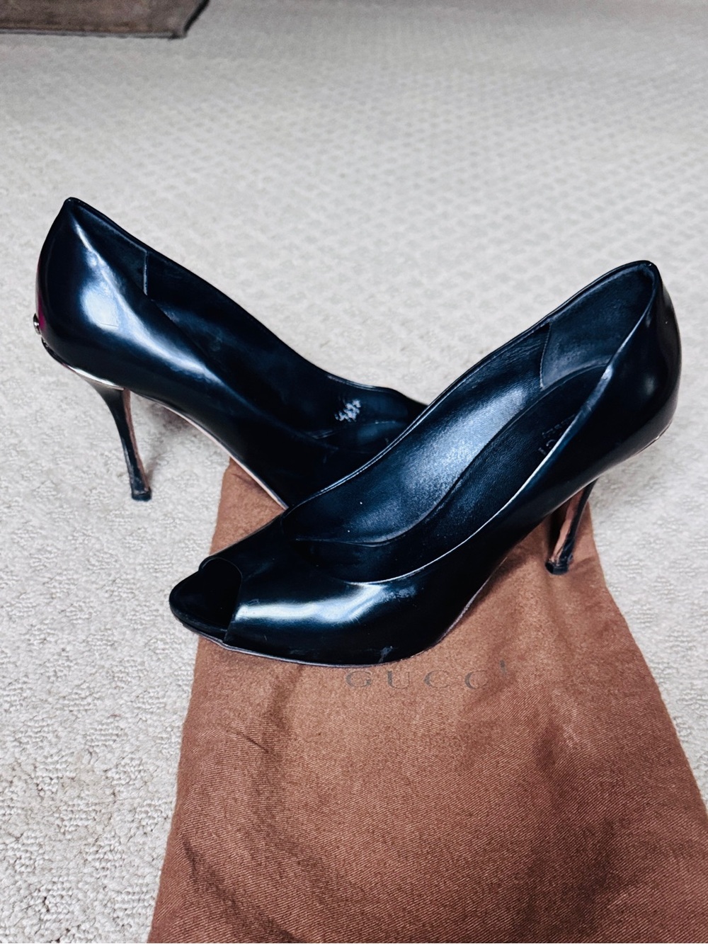 Gucci Black Patent Peep-Toe Stiletto Heels